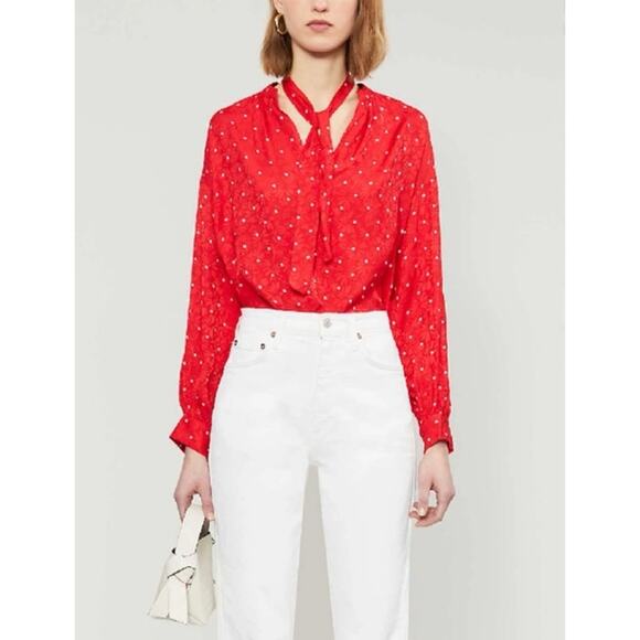 Maje Lipia tie-neck polka-dot satin-jacquard blouse - Picture 1 of 9